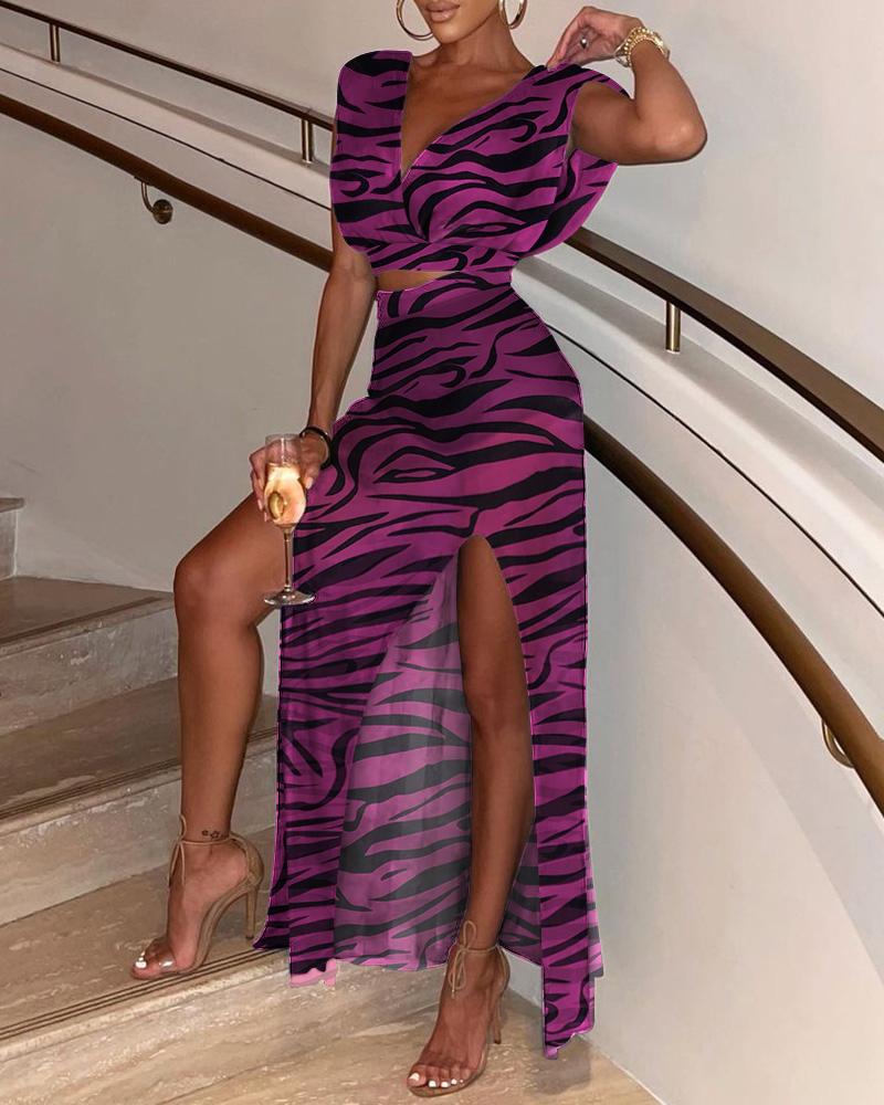 

Zebra Stripe V-Neck Crop Top & Split Thigh Skirt Set, Purple