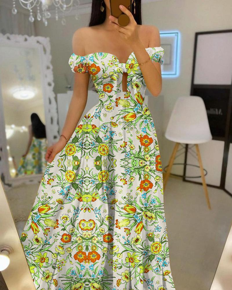 

Off Shoulder Floral Print Cutout Maxi Dress, White