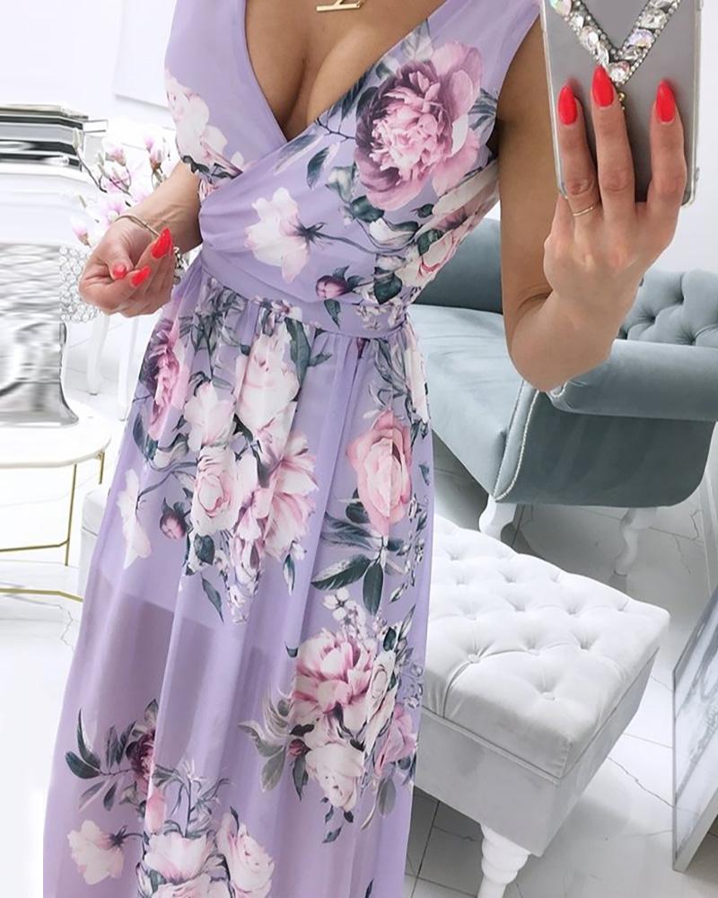

Floral Print V-Neck Slit Maxi Dress, Purple