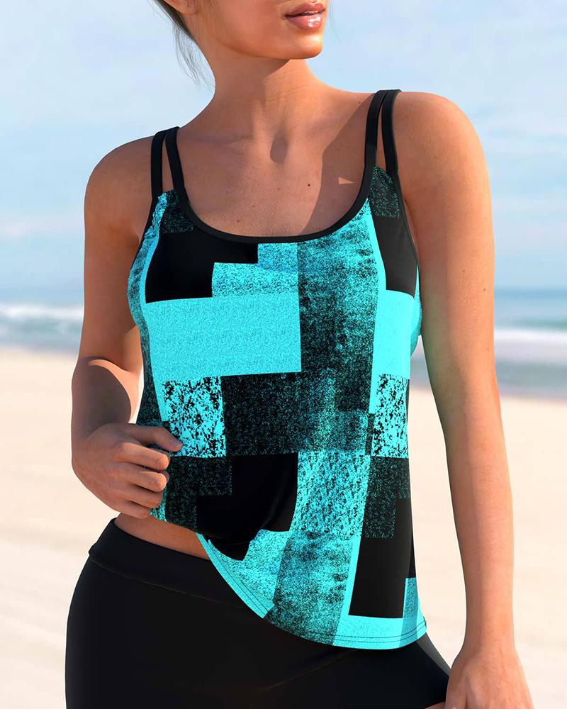 

Contrast Binding Geometric Print Tankini Set, Blue