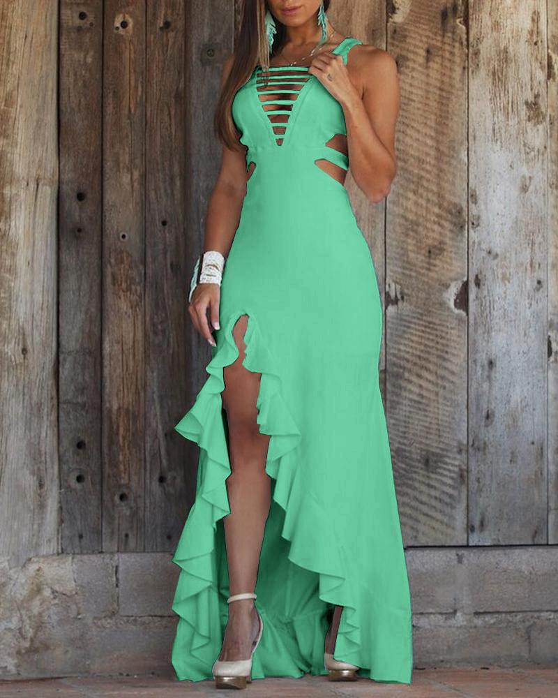 

Ladder Cut Out Irregular Ruffle Hem Dress, Green