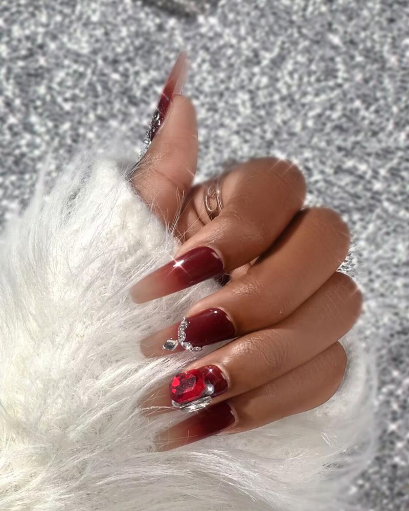 

Press on Nails Unhas postiças de caixão longo Unhas acrílicas com strass vermelho Ombre, Red