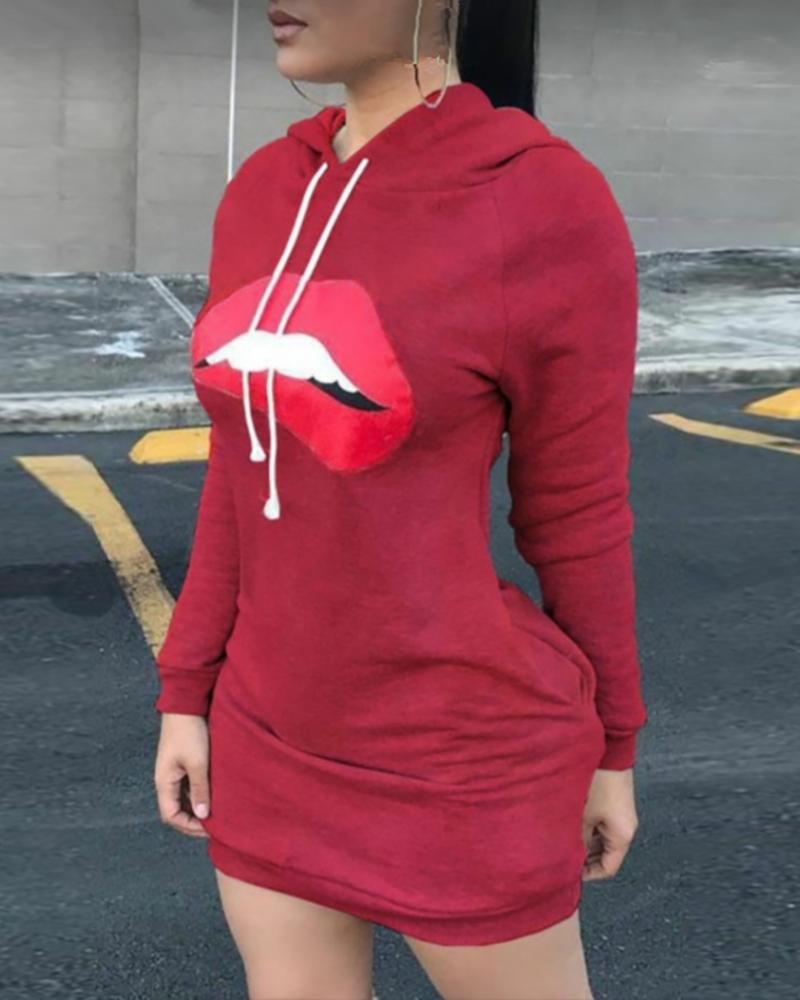 

Lip Print Hooded Casual Dress, Red