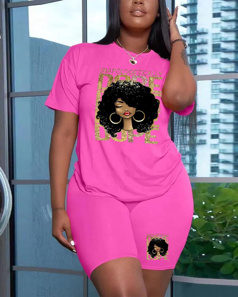 

Plus Size Unapologetically Dope Figure Print Top & Shorts Set, Rose red