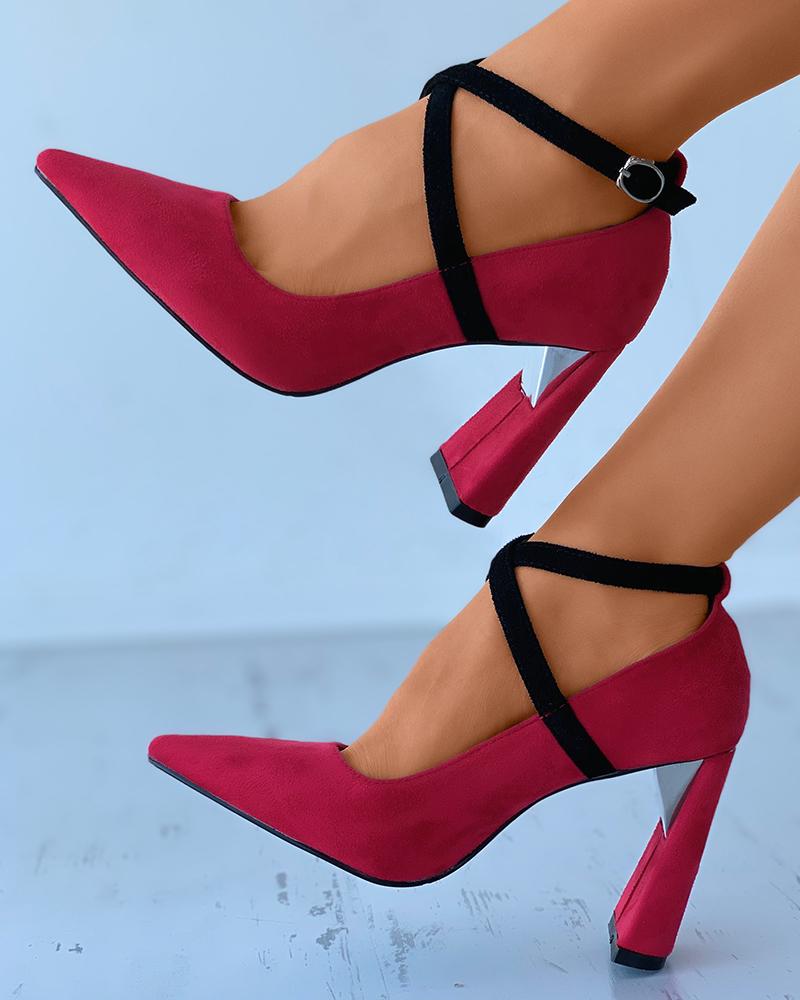 

Bandage Strap Suede Pointed Toe Chunky Heels, Red