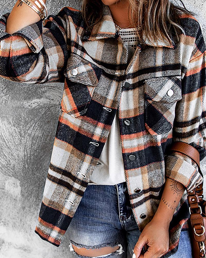 

Plaid Print Pocket Button Design Shacket, Blue