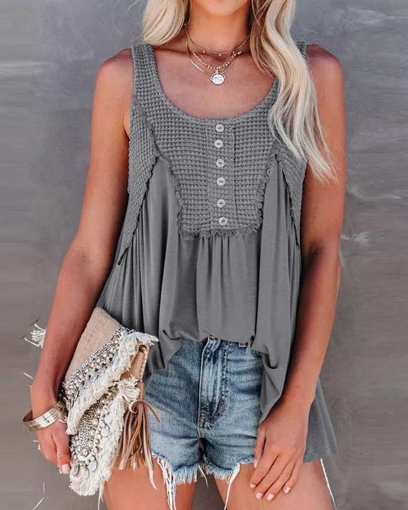 

Patchwork Button Front Ruched Detail Flowy Tank Top, Gray