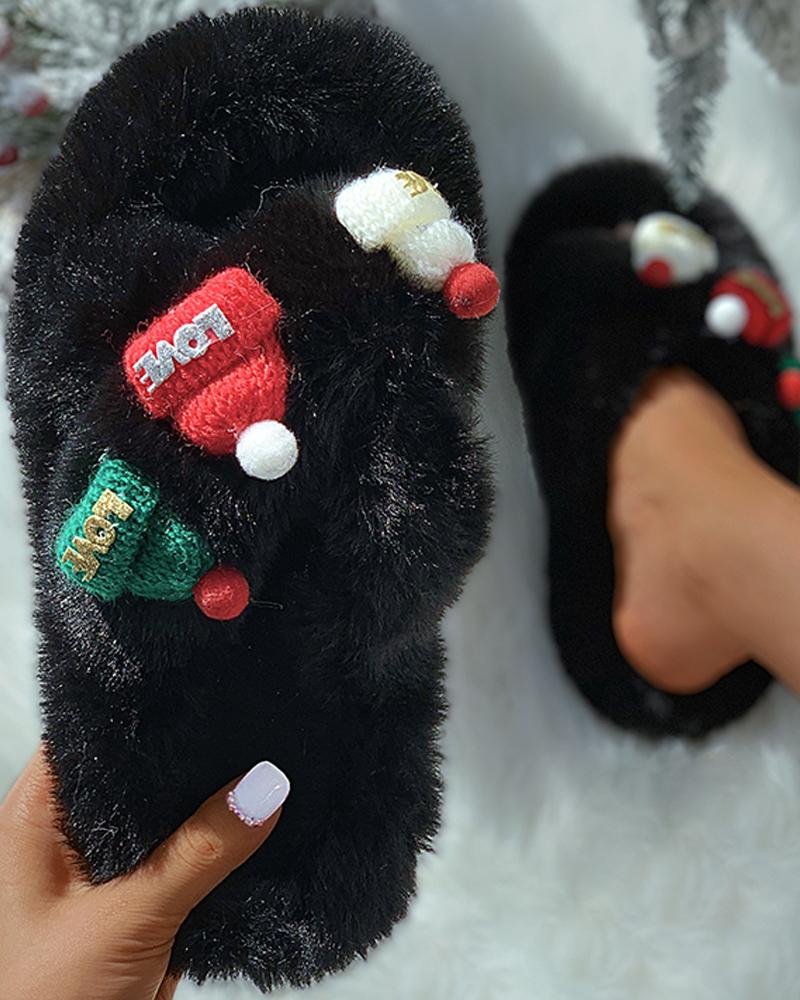 

Christmas Pattern Cross Fluffy Slippers, Black