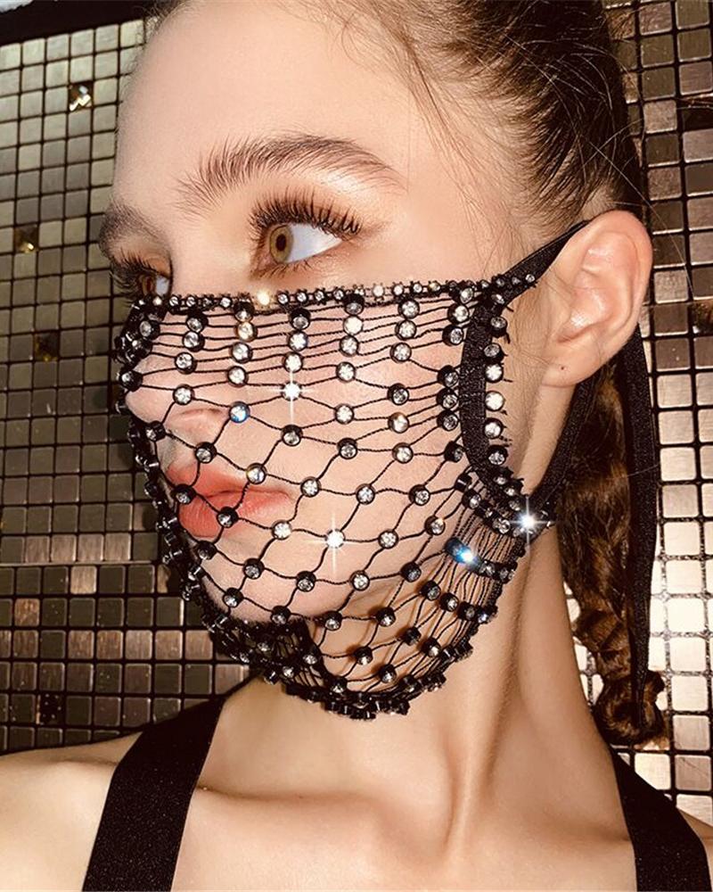 

Rhinestone Decor Earloop Cutout Face Mask, Black