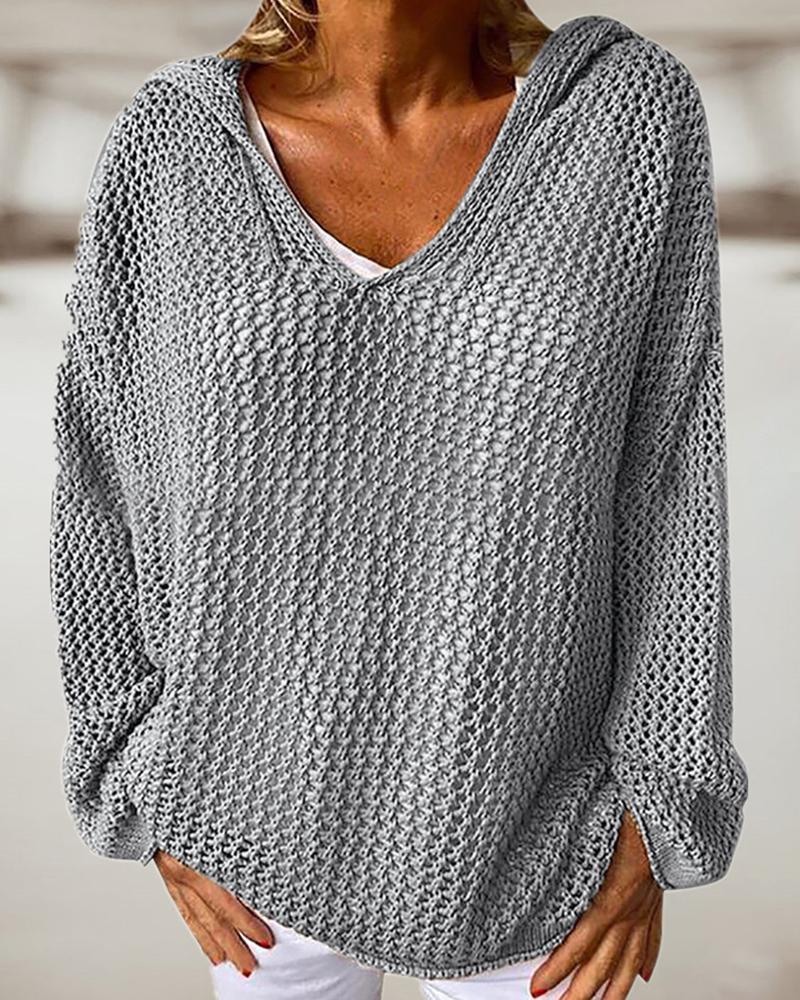 

Knit Hollow Out Long Sleeve Hooded Sweater, Light gray