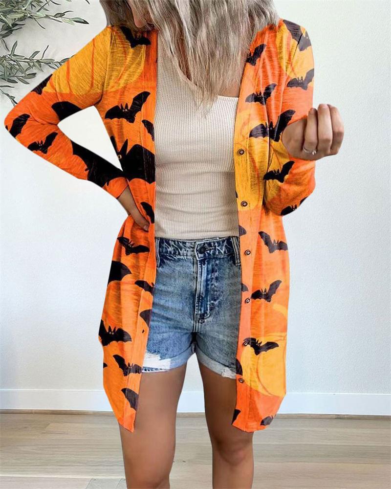 

Halloween Bat Print Open Front Coat, Orange