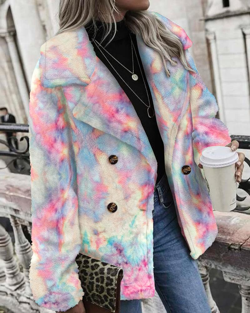 

Tie Dye Print Double Breasted Teddy Coat, Multicolor