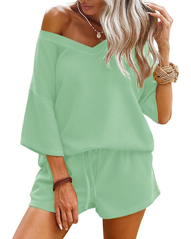 

Waffle Knit V-Neck Top & Drawstring Shorts Set, Light green