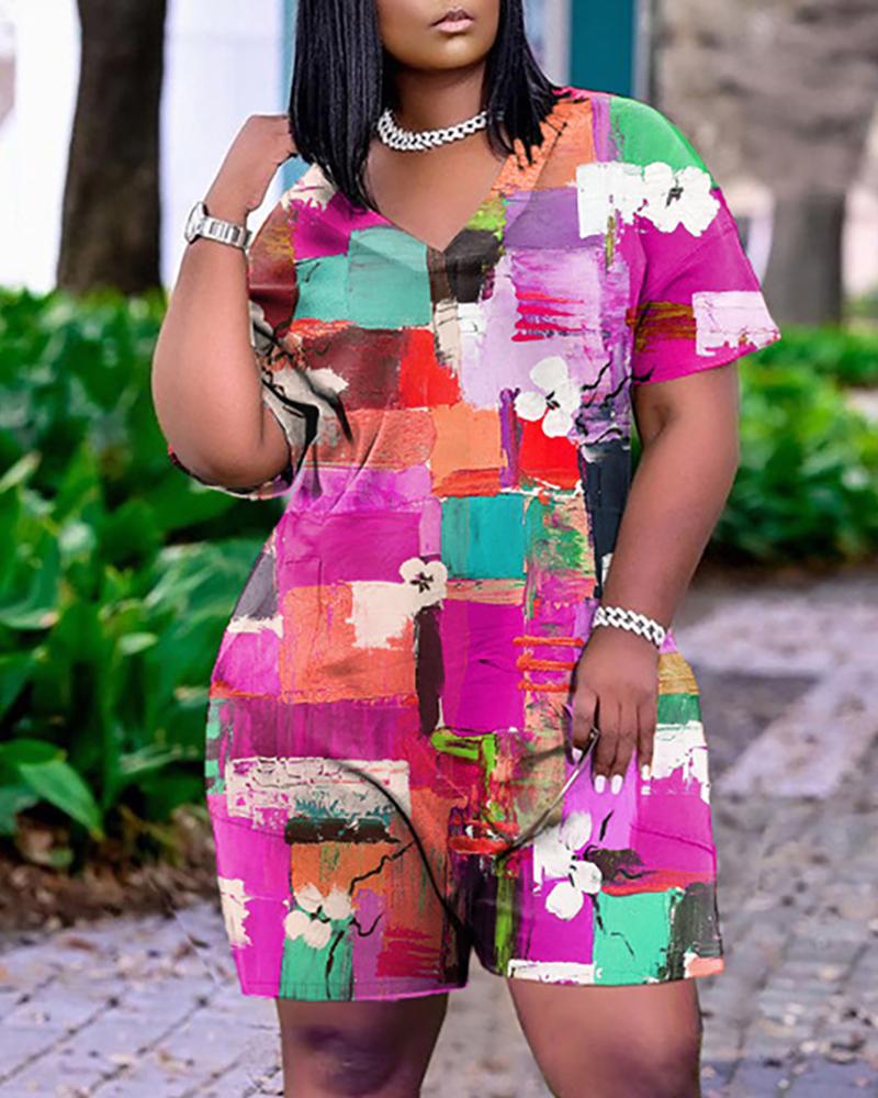 

Floral Pattern Colorblock V-Neck Short Sleeve Romper, Pink