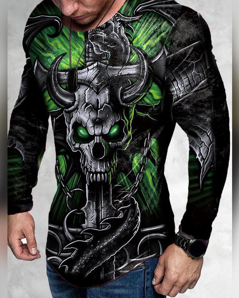 

3D Skeleton Print Long Sleeve Skinny T-shirts, Multicolor