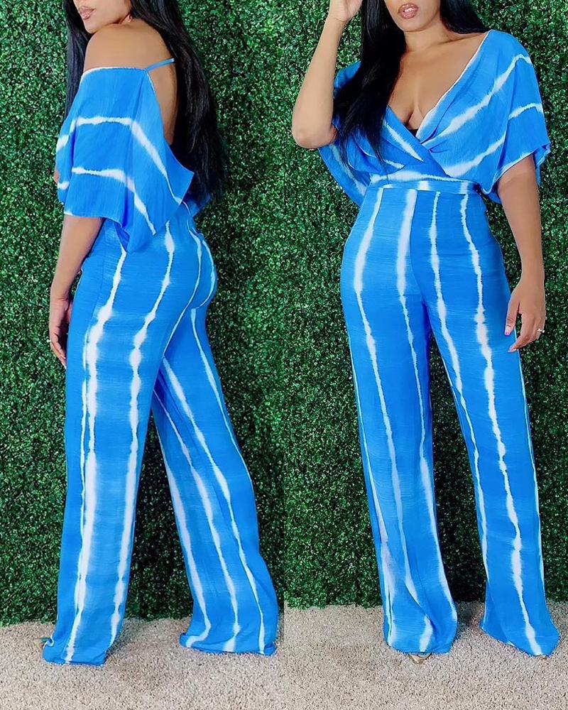 

Tie Dye Print Batwing Sleeve Backless Jumpsuit, Blue