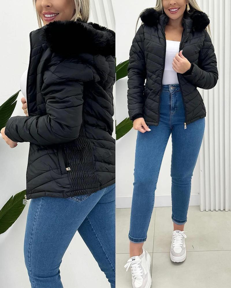 

Veste bouffante à capuche avec doublure polaire et poche zippée, Black