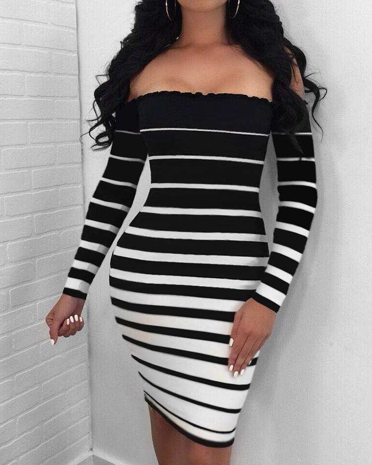 

Stripes Off Shoulder Long Sleeve Bodycon Dress, Gray