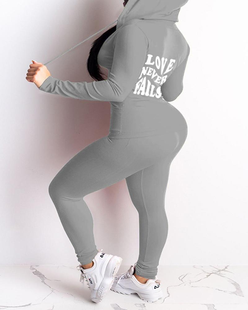 

Plus Size Letter Print Long Sleeve Casual Top & Pants Set, Gray