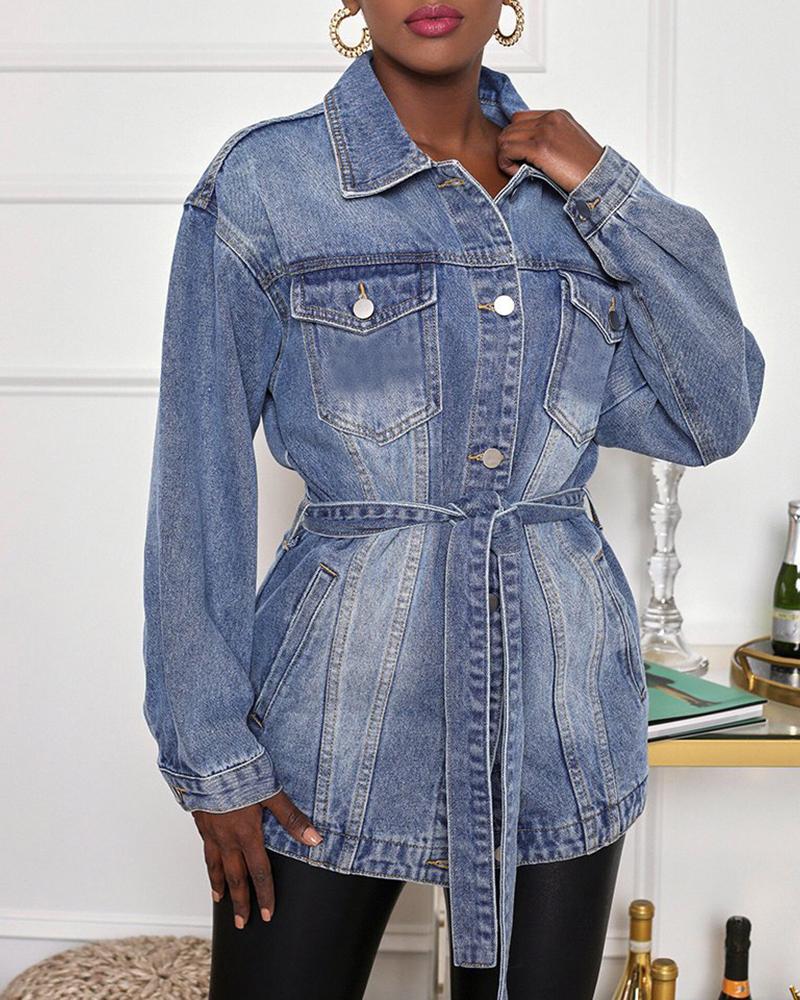 

Buttoned Pocket Design Denim Coat With Belt, Blue