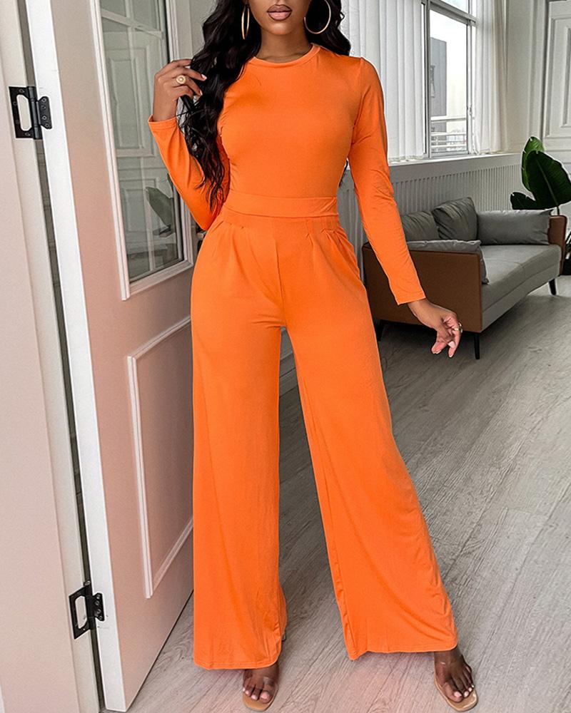 

Long Sleeve Crop Top & Wide Leg Pants Set, Orange