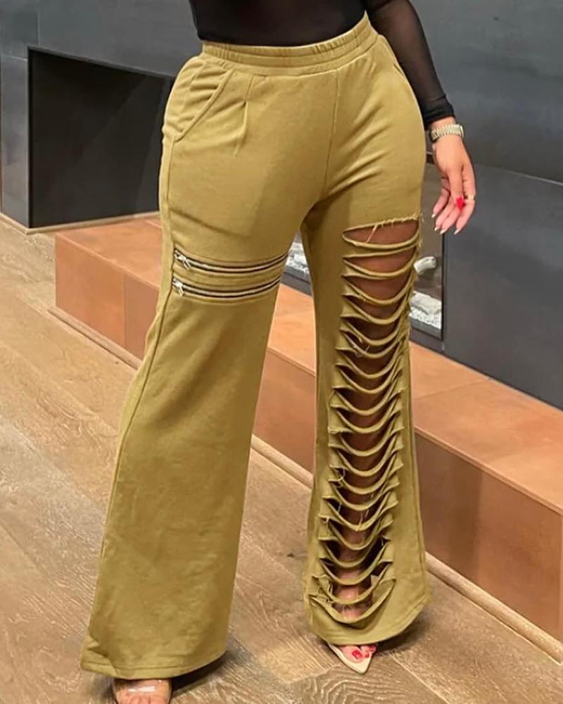 

High Waist Ladder Cutout Zipper Design Pants, Khaki