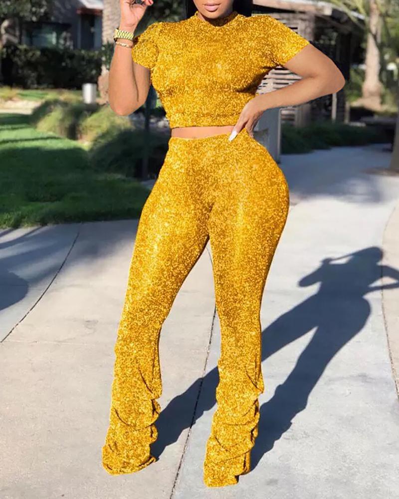 

Glitter Short Sleeve Top & Ruched Pants Sets, Yellow