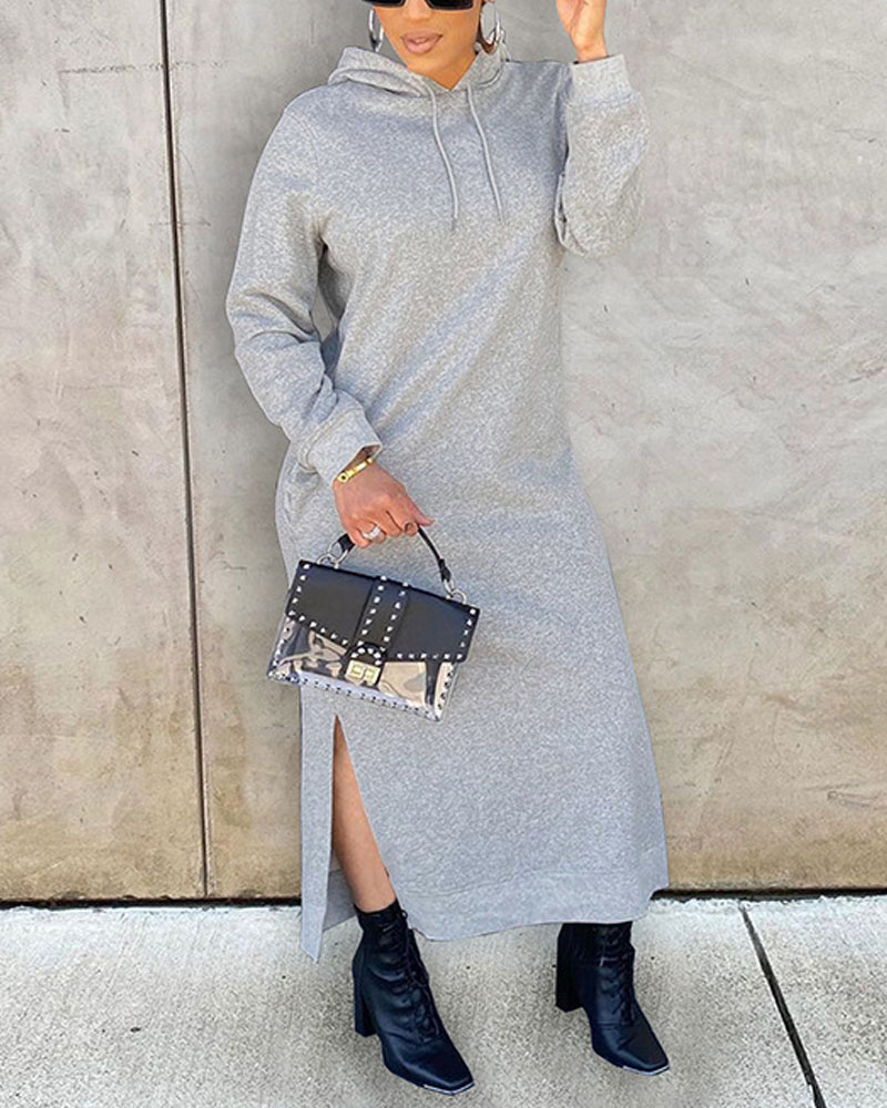 

Long Sleeve Split Hem Hooded Sweatshirt Dress, Gray