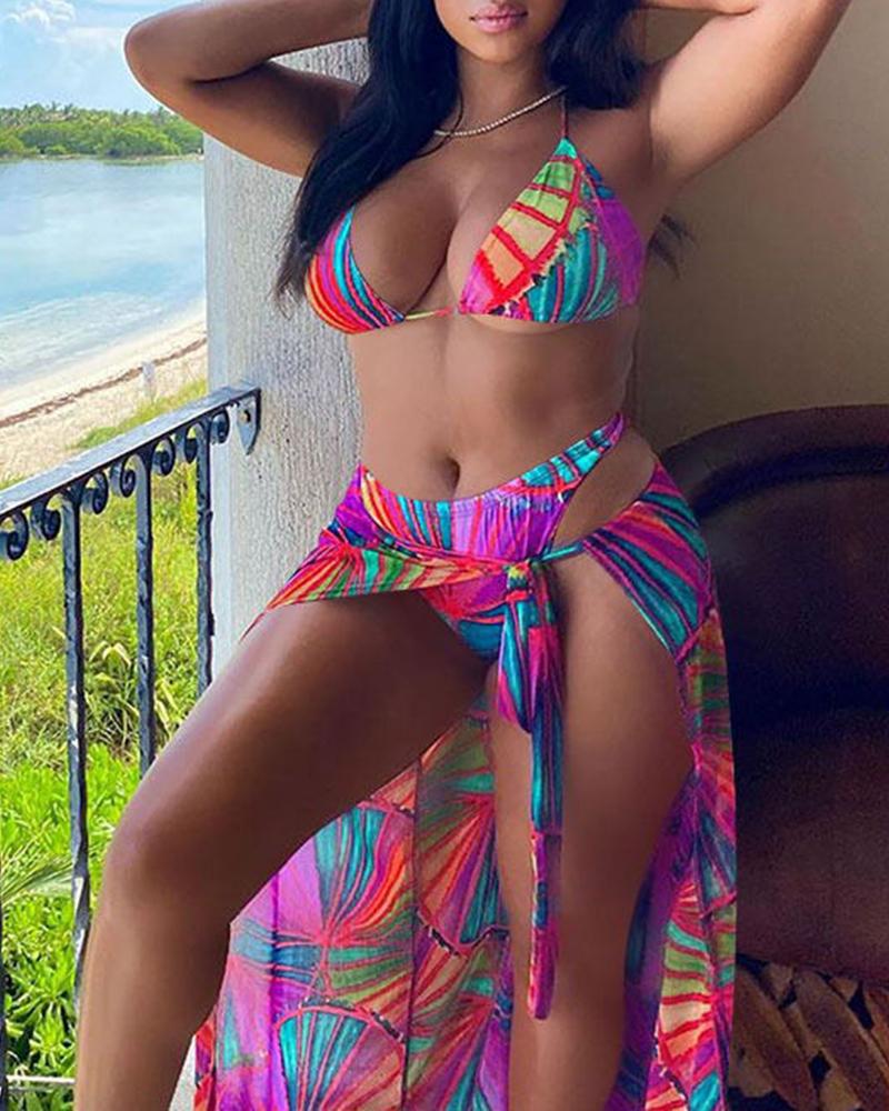 

Divided Floral Print Skinny Sporty Bikini 3-piece Set, Hot pink