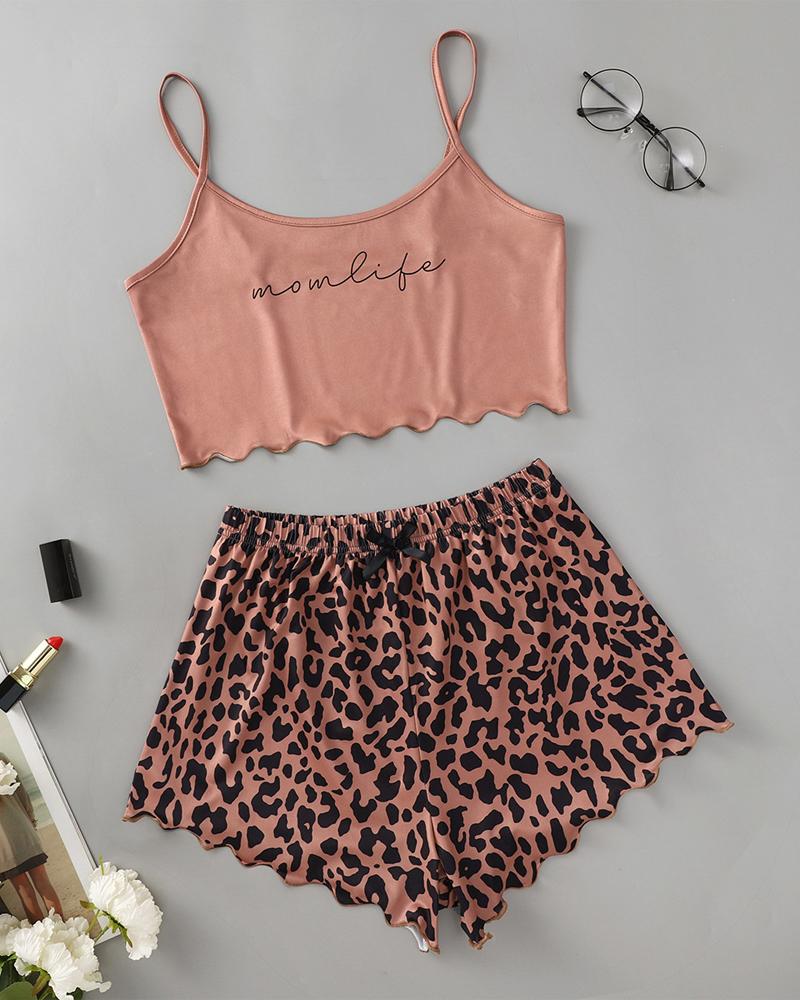 

Leopard Letter Print Bow Decor Cami Set
