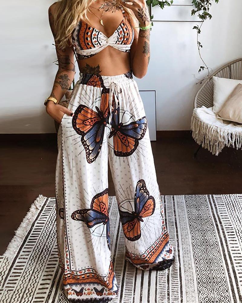 

Butterfly Print Twisted Crop Top & Wide Leg Pants Set, White