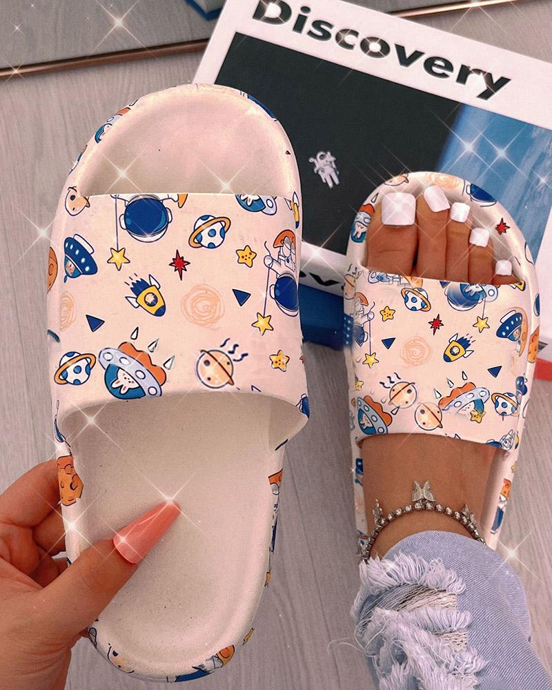 

Round Toe Cartoon Pattern Platform Slippers, Blue