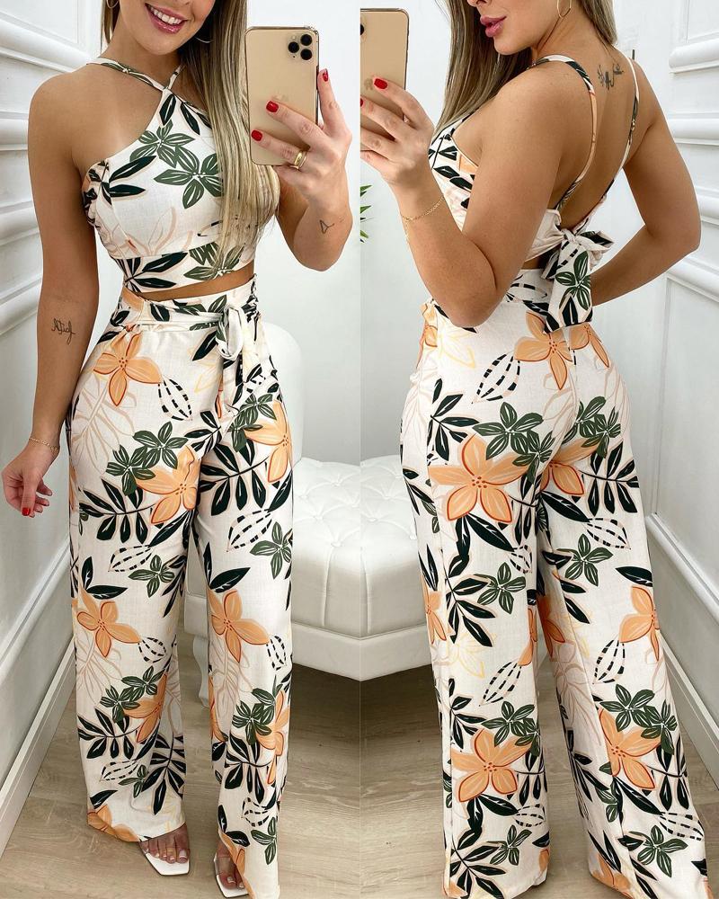 

Plants Print Tied Detail Crop Top & Pants Set, Apricot