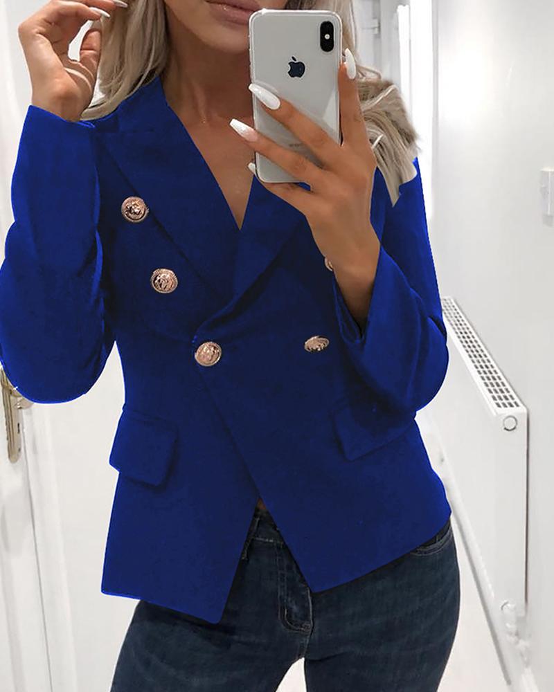 

Solid Double-Breasted Blazer, Blue