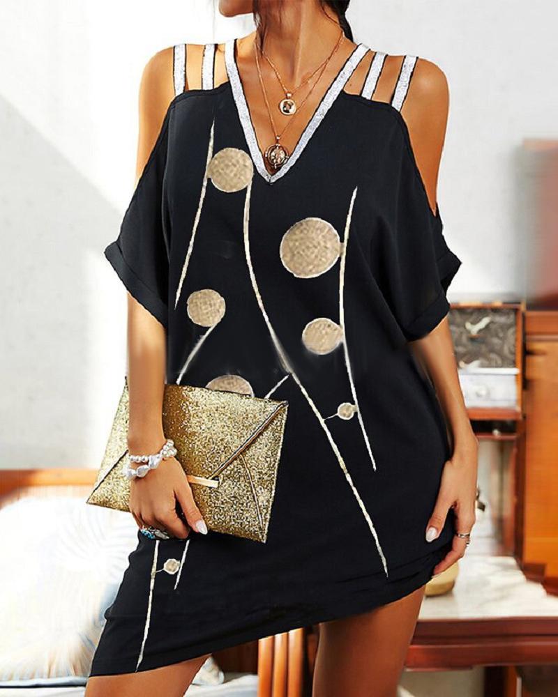 

Graphic Print Tape Patch Cold Shoulder Casual Dress, Black