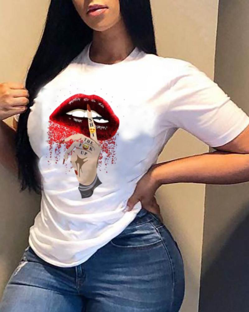 

Leopard Lip Print Round Neck T-shirt, Style3