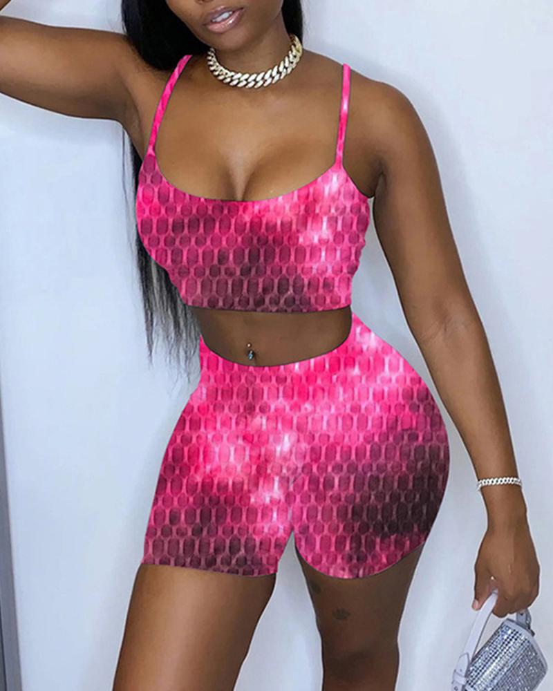 

Tie Dye Multicolor Print Strap Tanks With Shorts Suit Sets, Hot pink