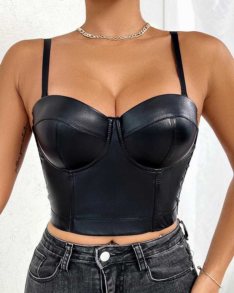 

Buckle Back PU Leather Patch Crop Corset Top, Black