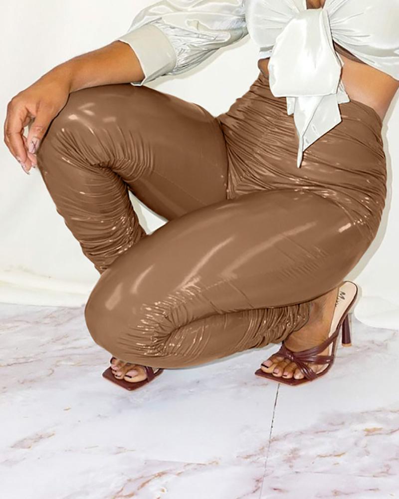 

High Waist Ruched PU Leather Pants, Coffee