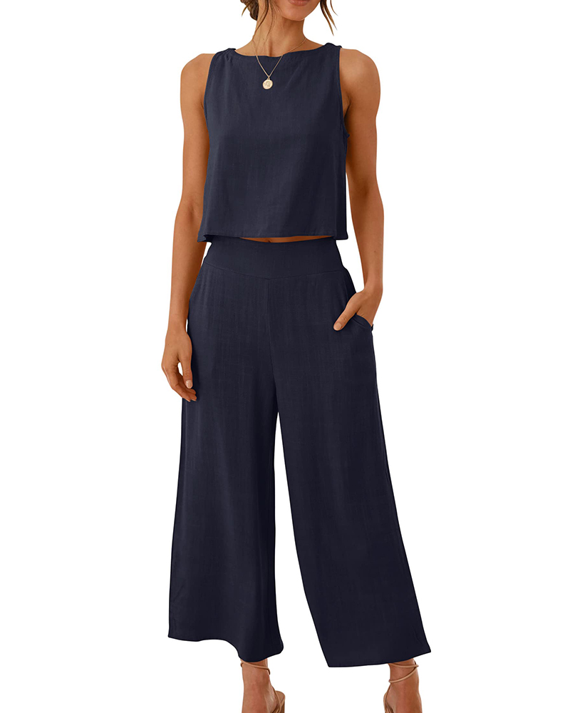 

Round Neck Top & Pocket Design Wide Leg Pants Set, Dark blue