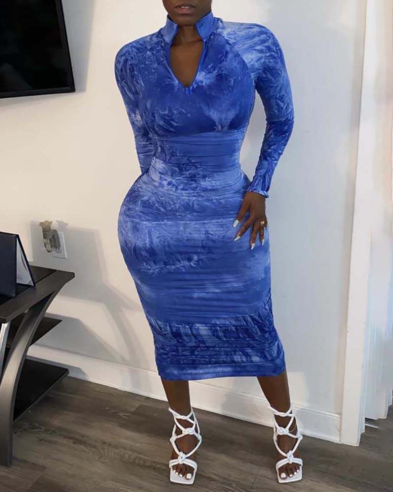 

Zipper Design Long Sleeve Bodycon Dress, Blue