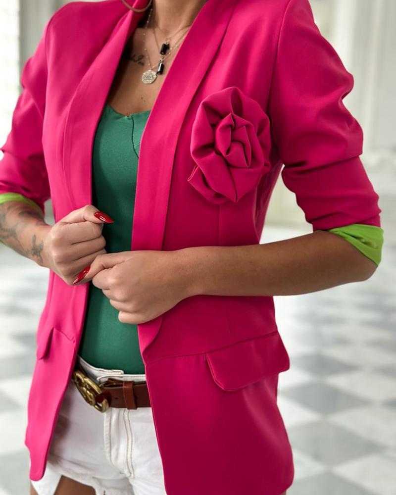 

Floral Pattern Shawl Neck Open Front Blazer Coat, Hot pink