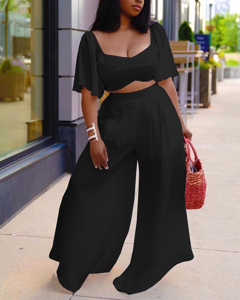 

Solid Short Sleeve Loose T-shirts With Wide Leg Pant Suit Sets, Black