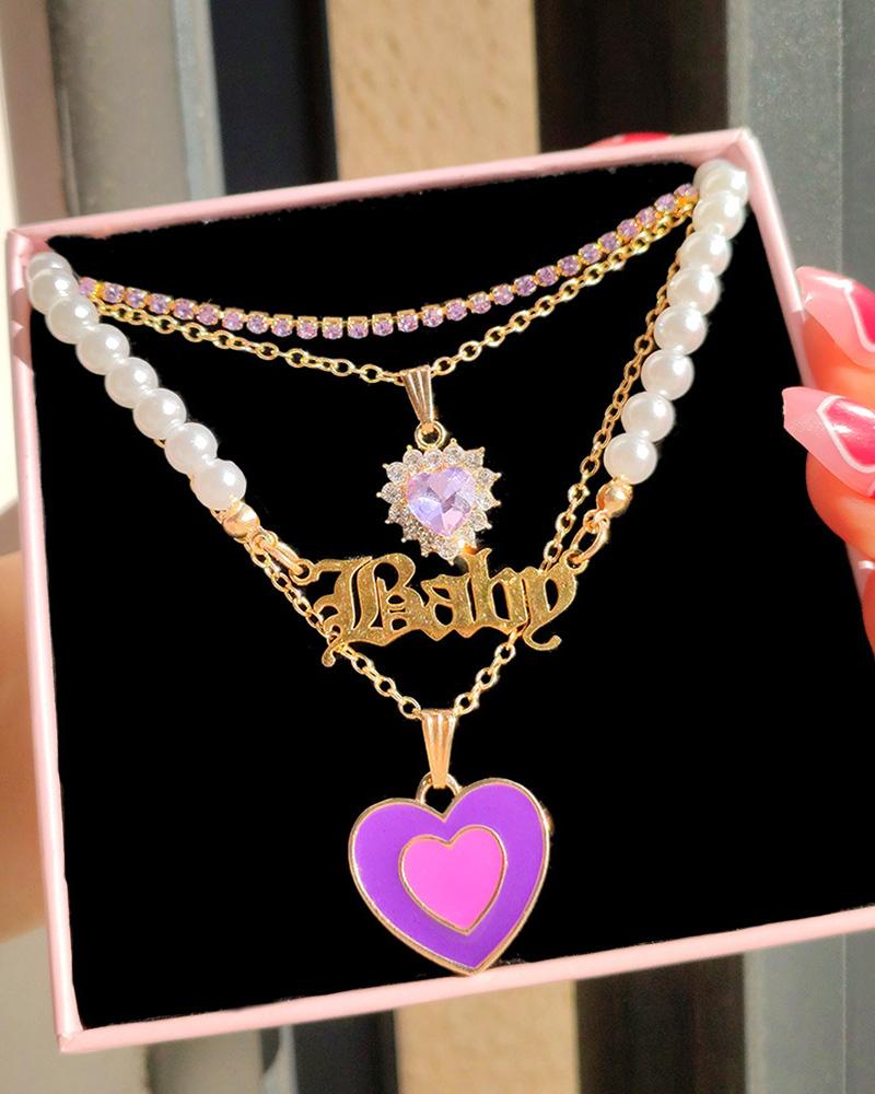 

4pcs Heart & Letter Pendant Layered Necklace, Purple