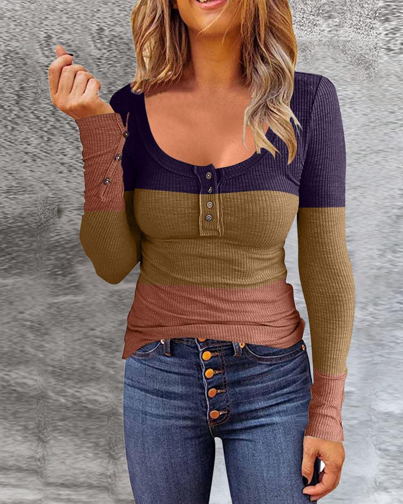 

Colorblock Button Detail Long Sleeve Ribbed Top, Blue