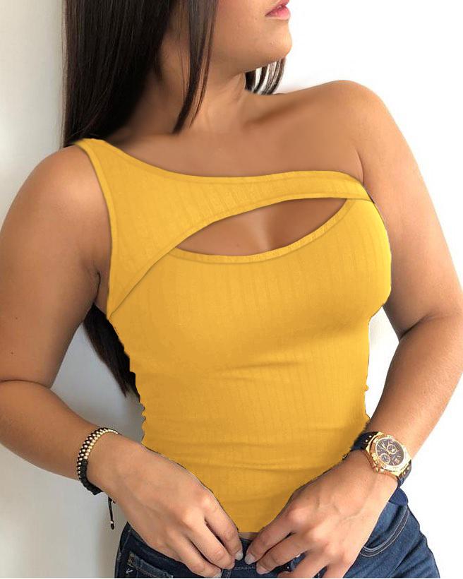 

One Shoulder Cutout Ribbed Zipper Design Top Sexy Hollow Out Tee Shirts Ladies Vest Black Tanks, Yellow