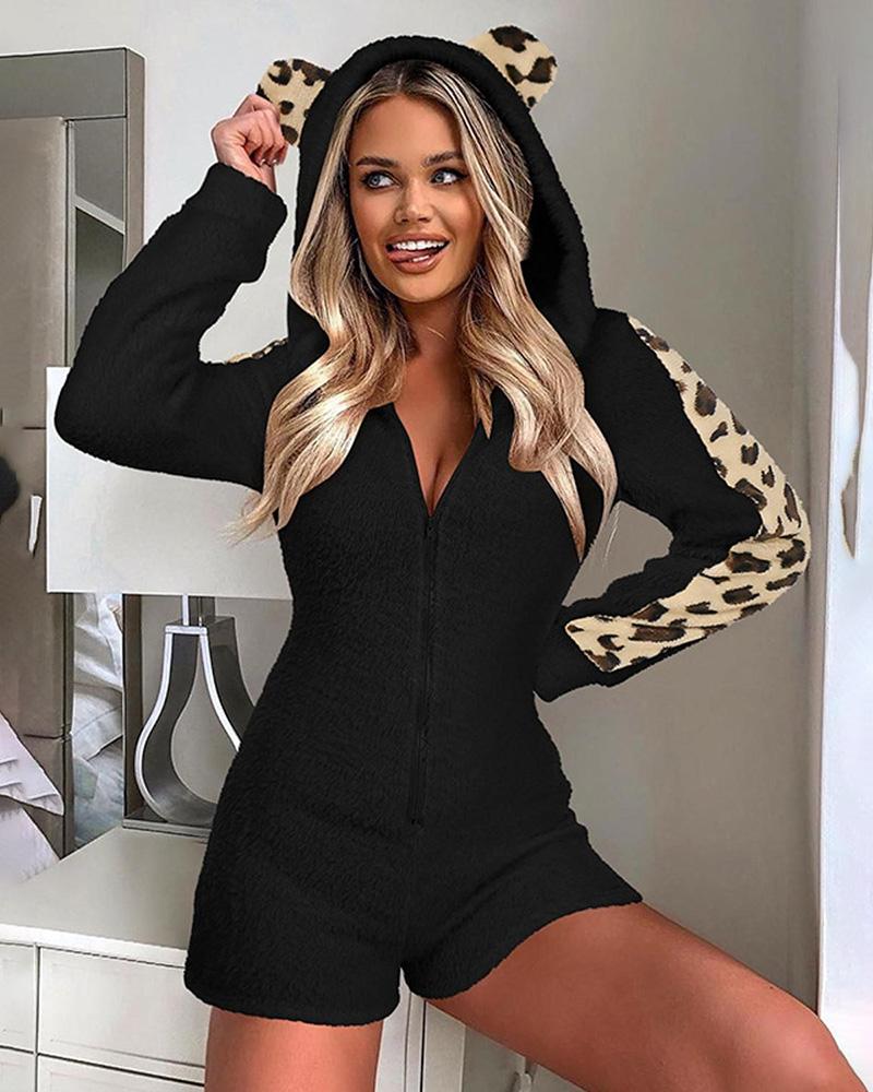 

Cheetah Print Zip Front 3D Ear Lounge Romper, Black