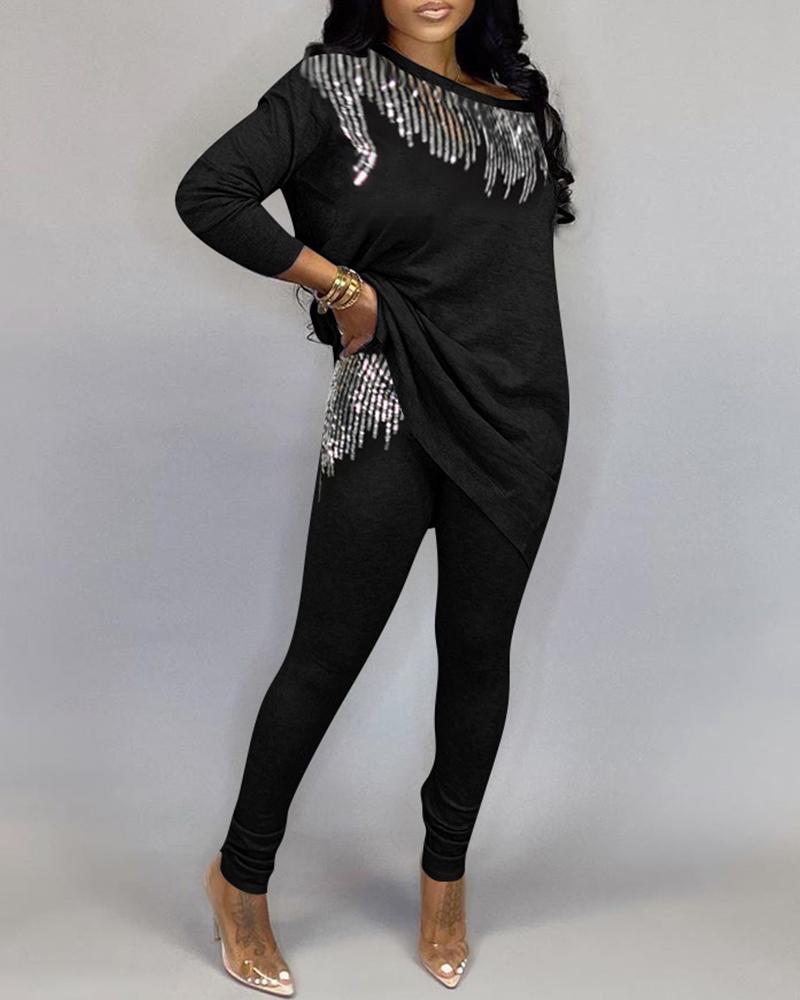 

Sequins Slit Long Sleeve Top & Pants Set, Black
