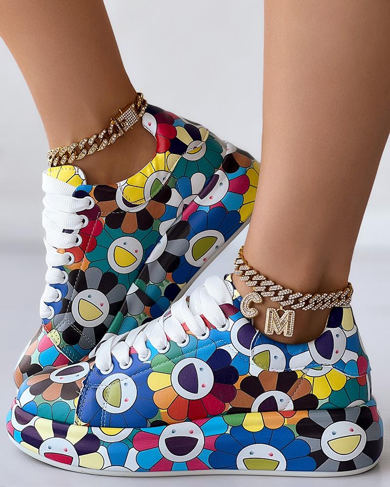 

Happy Face Floral Painting Print Platform Sneakers, Multicolor