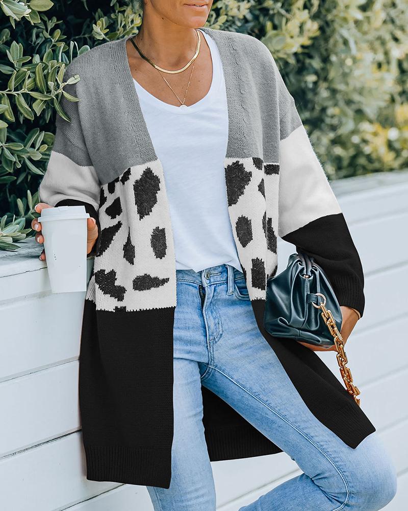

Cheetah Pattern Colorblock Long Sleeve Knit Cardigan, Gray